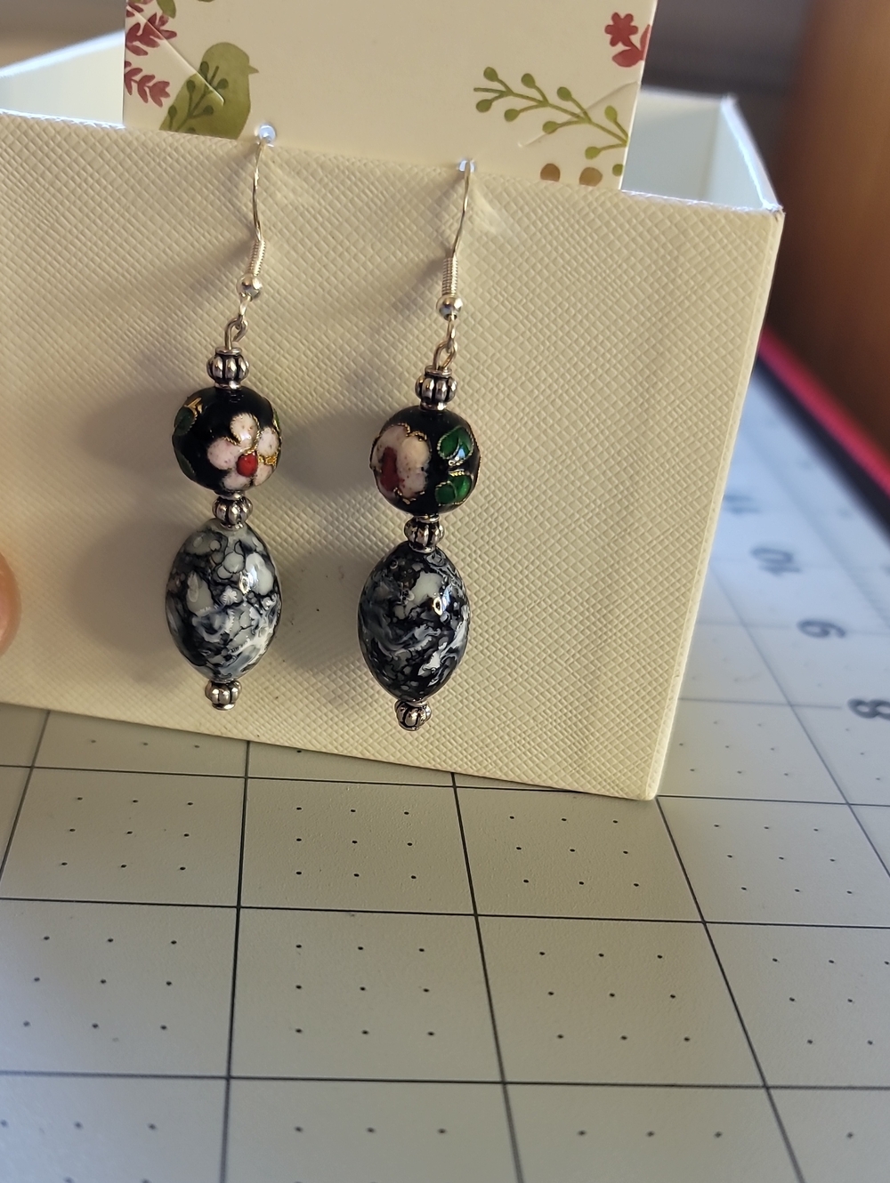 Handcrafted Black & White Floral Bead Drop Earrings